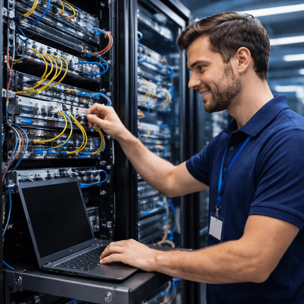 Network engineer patching switch ports and checking connectivity on a laptop
