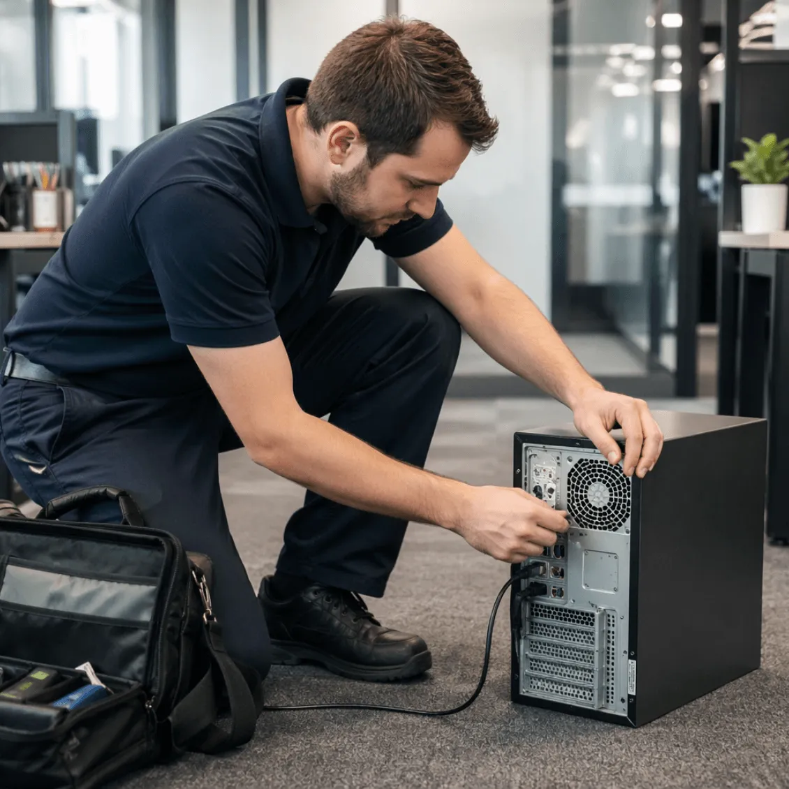 Workplace support engineer connecting a desktop computer for an end user